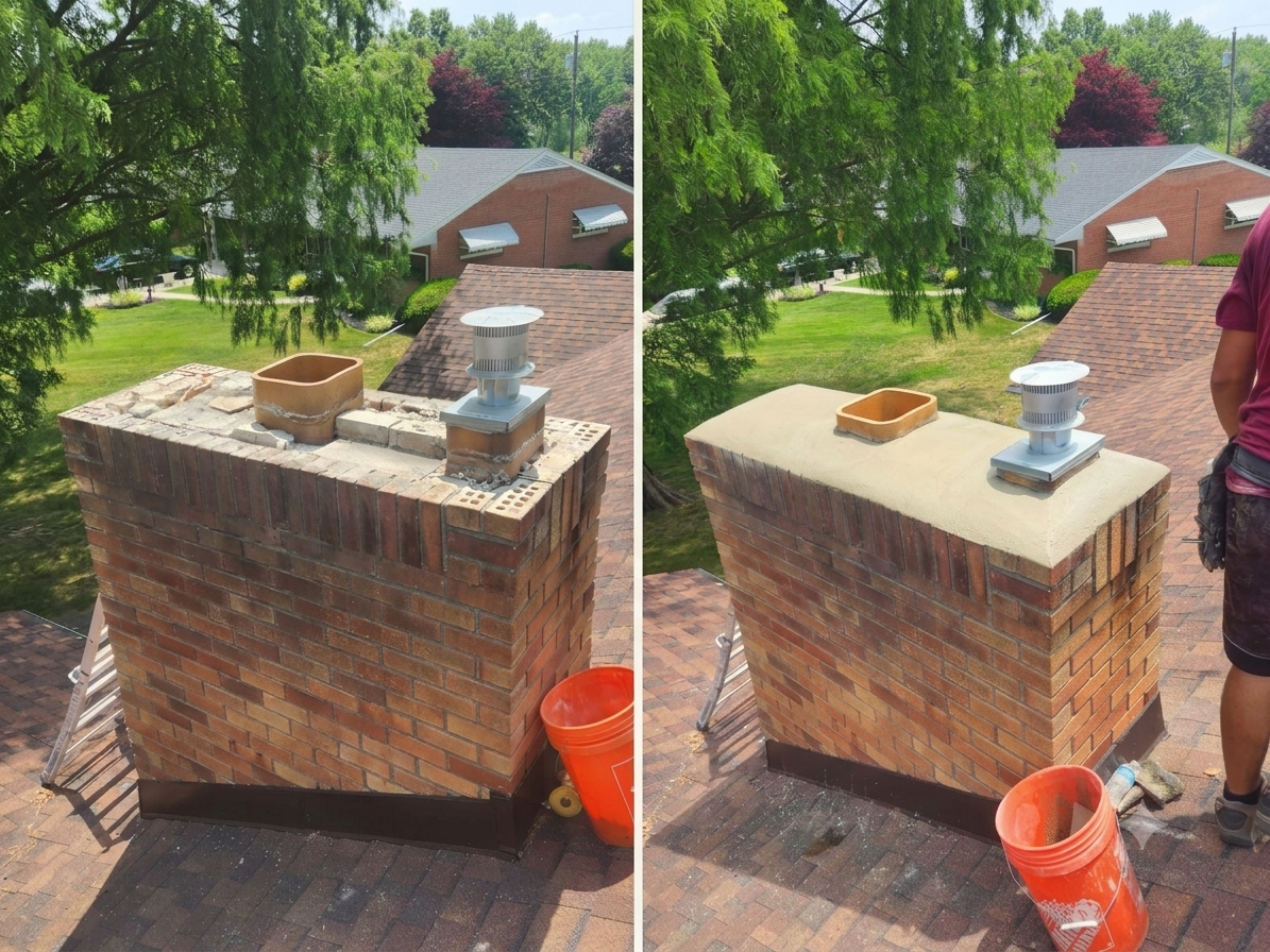 Before and after chimney brick mortar joint routing and premium tuckpointing restoration completed in Toledo