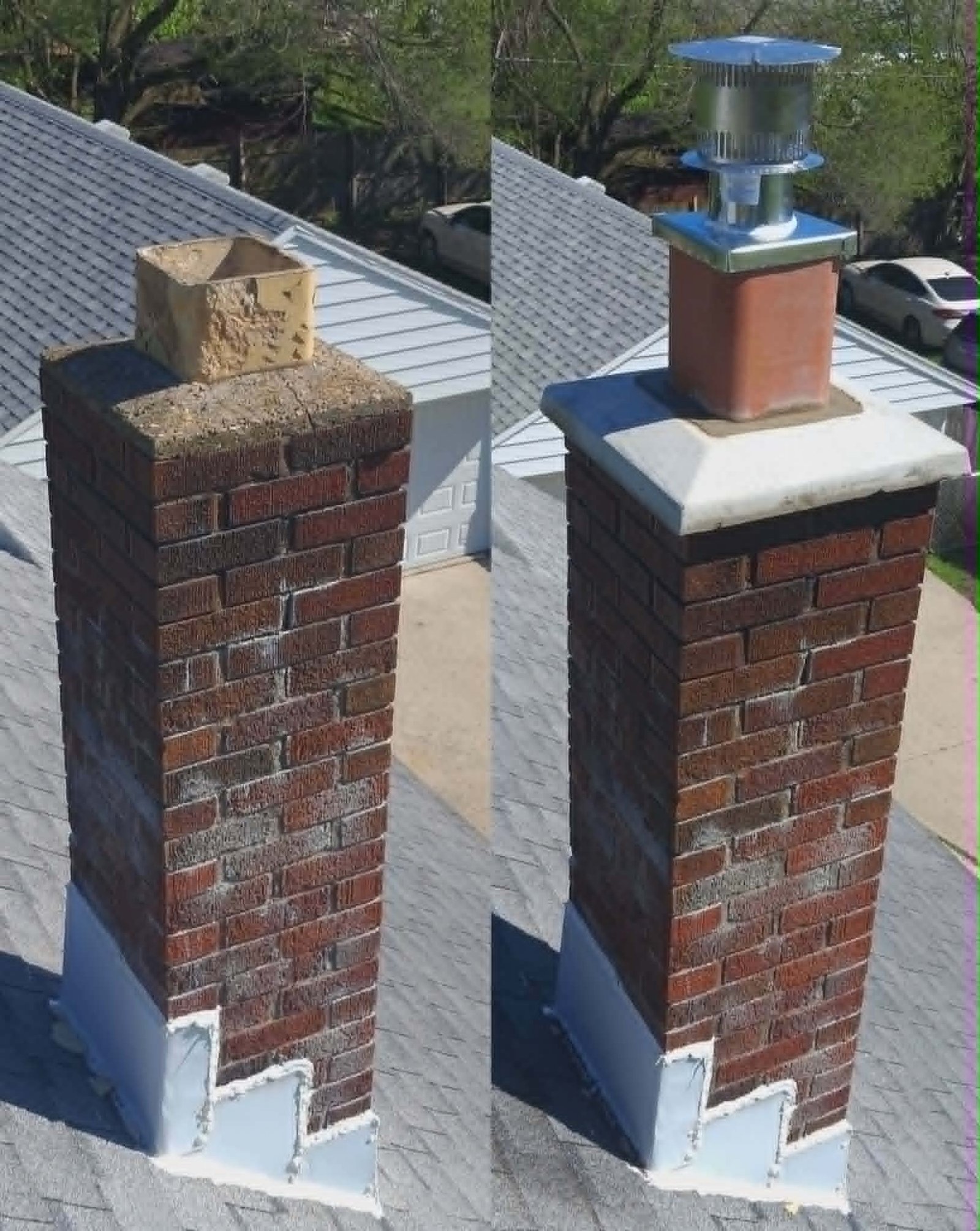 Before and after chimney masonry crown and tuckpointing repair