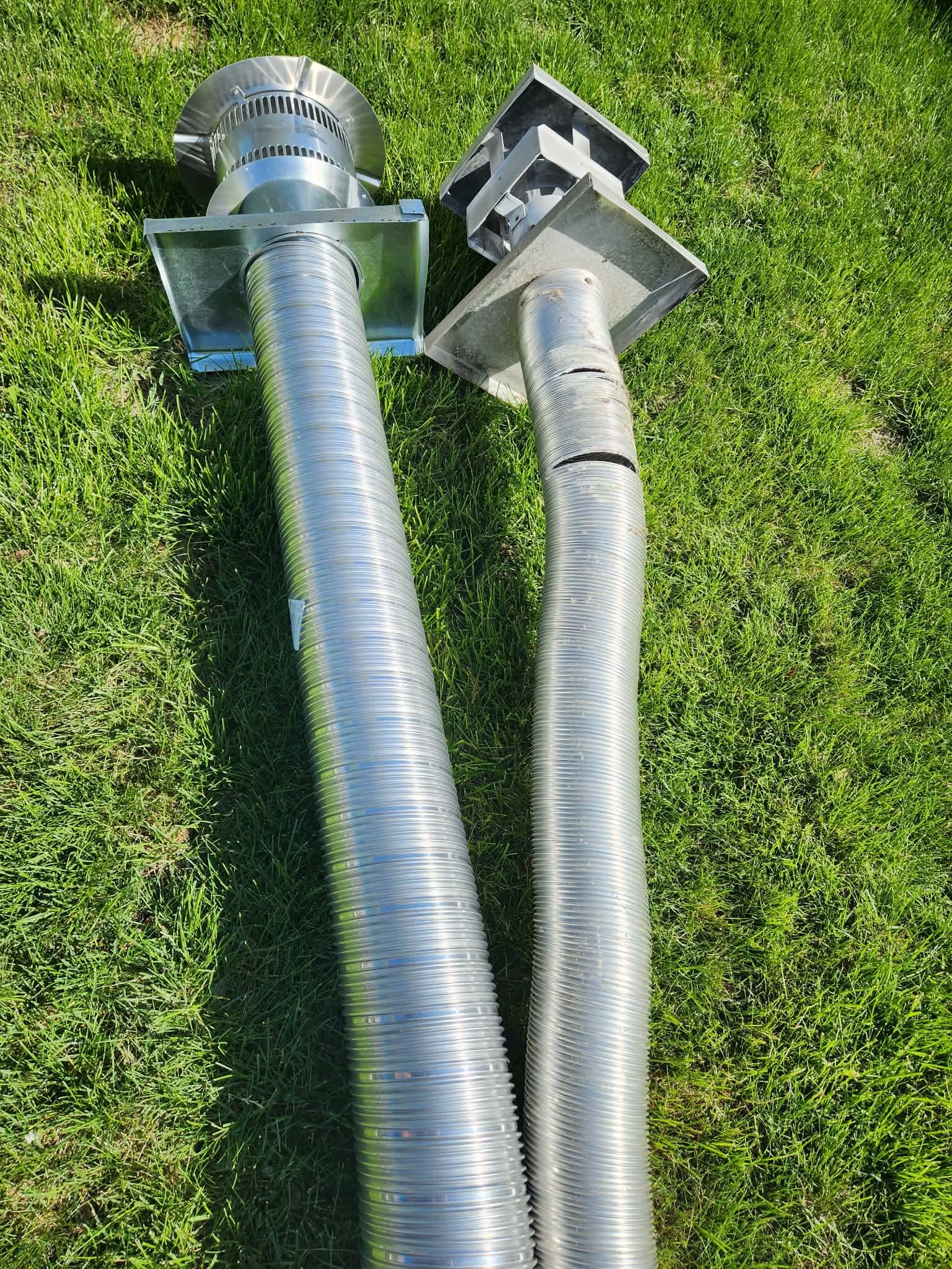 Side by side comparison of a severely cracked and damaged chimney liner next to a high quality stainless steel replacement upgrade kit