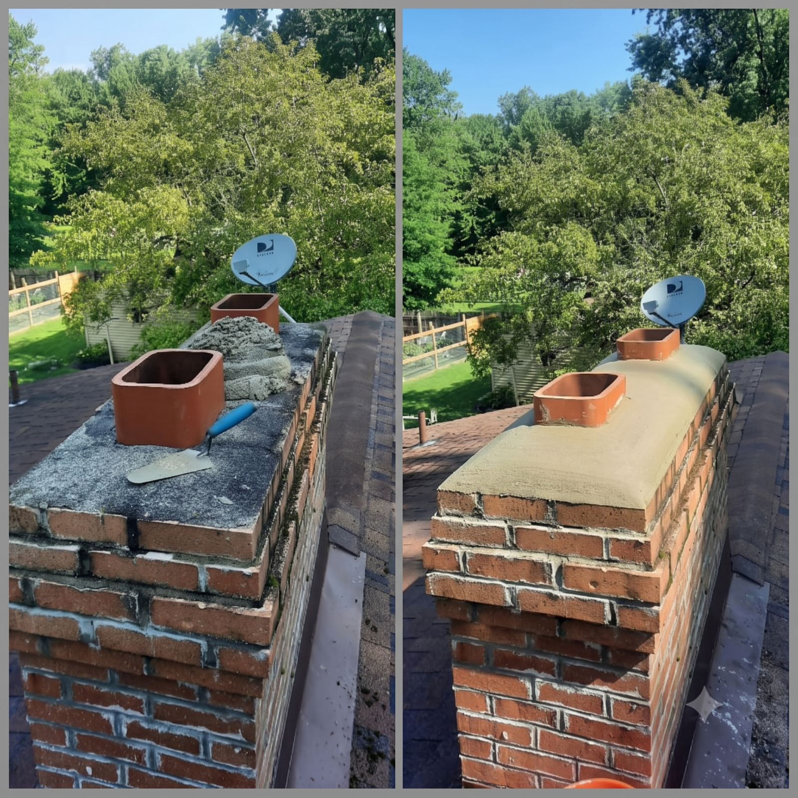 Before and after of a custom-poured, sloped concrete chimney crown rebuild in Sylvania, Ohio.
