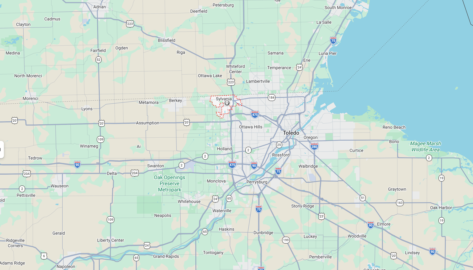 Map showing a 60 mile service area radius centered on Sylvania, Ohio